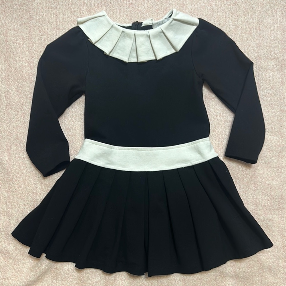 EUC Patachou Chic Black dress with  White pleat collar and faux belt  5Y